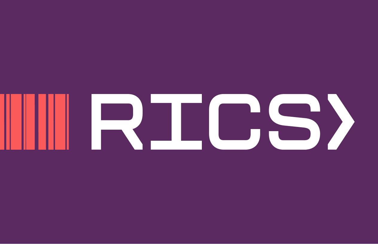 The RICS logo on a purple and red background