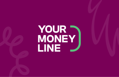A purple graphic of the Your Money Line logo, with white text and green illustrations.