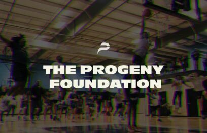 Basketball players in a gym with text overlay reading The Progeny Foundation