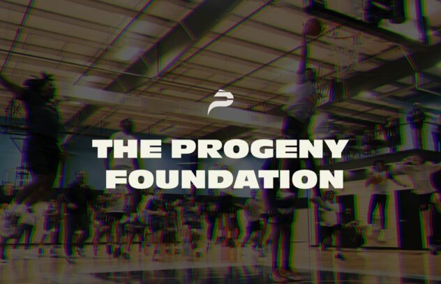 Basketball players in a gym with text overlay reading The Progeny Foundation