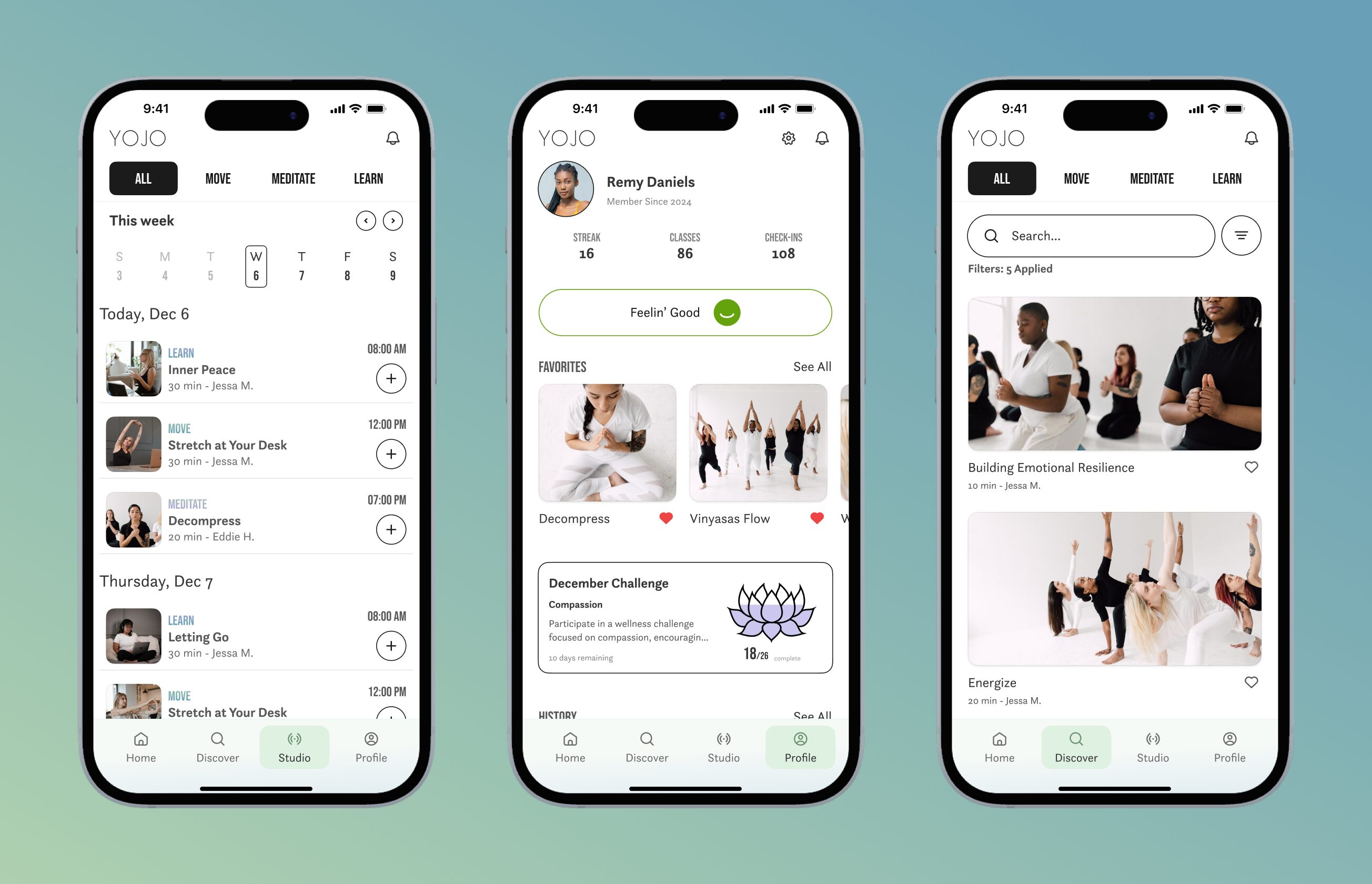 three phone screens showcasing different screens inside the yojo app