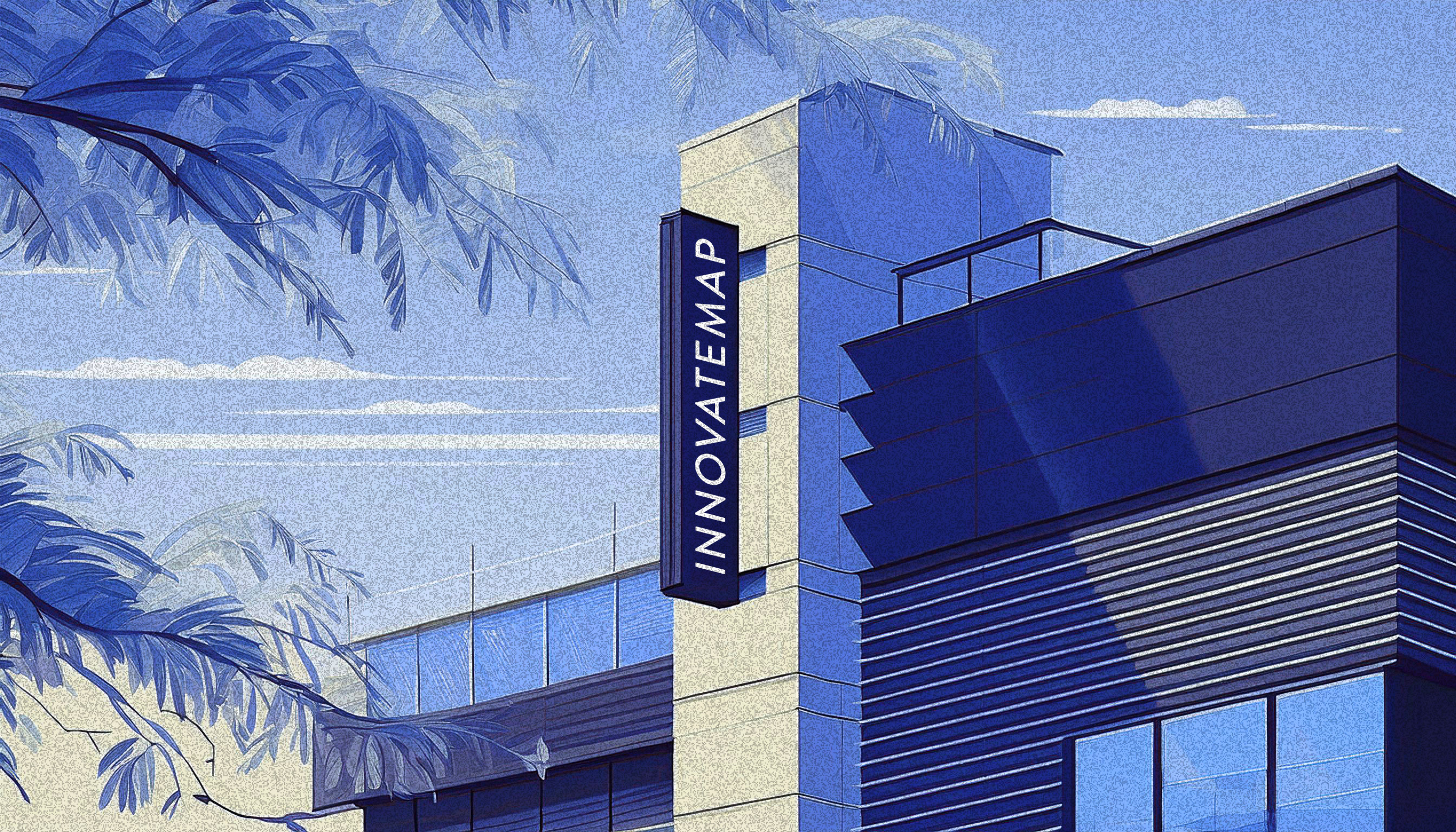 A stylized illustration of a modern building with the Innovatemap logo prominently displayed on a vertical sign. The scene is rendered in shades of blue, with tree branches framing the view in the foreground. The sky is partially cloudy, adding depth and atmosphere to the artwork.