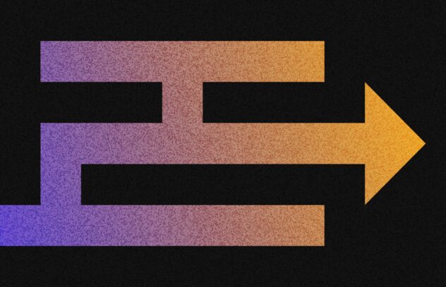 A stylized geometric arrow with a segmented path, transitioning from deep purple on the left to orange on the right, against a black textured background. The design suggests movement, direction, and problem-solving through complexity.