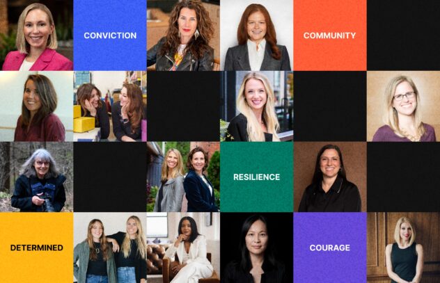 A collage of 14 female founders Innovatemap has worked with, each shown in a portrait photo. The grid includes colorful blocks with empowering words like "Conviction," "Community," "Resilience," "Determined," and "Courage," celebrating their leadership and impact in honor of Women’s History Month.