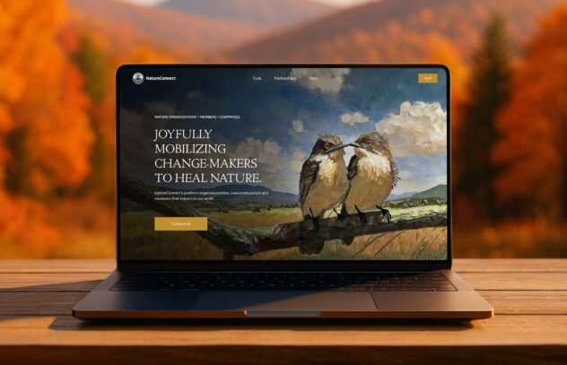 Laptop displaying Innovatemap-designed NatureConnect homepage featuring a painted illustration of two birds, set against a vibrant autumn landscape, promoting the mission to mobilize changemakers for nature restoration.